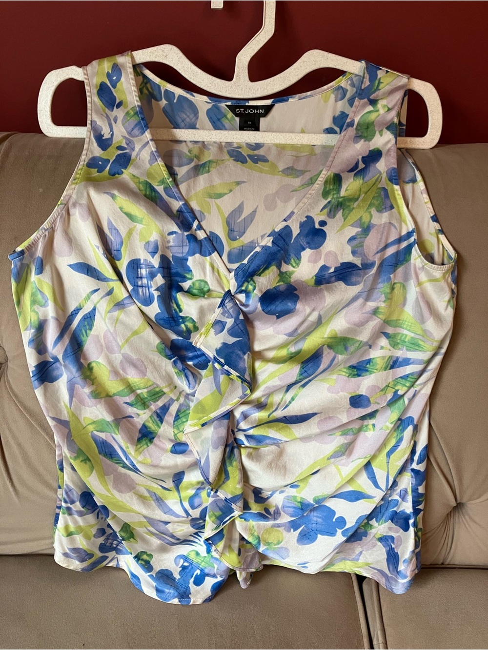 St. John Silk Floral Ruffle Sleeveless Top in Blue & Green